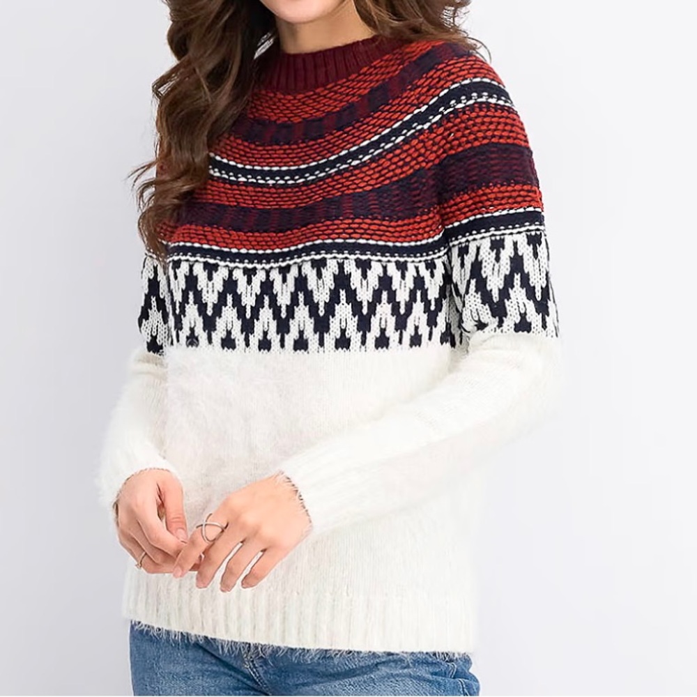 BB Dakota Womens Red White Blue Long Sleeve Knit Fuzzy Play Fair Isle Sweater XS
